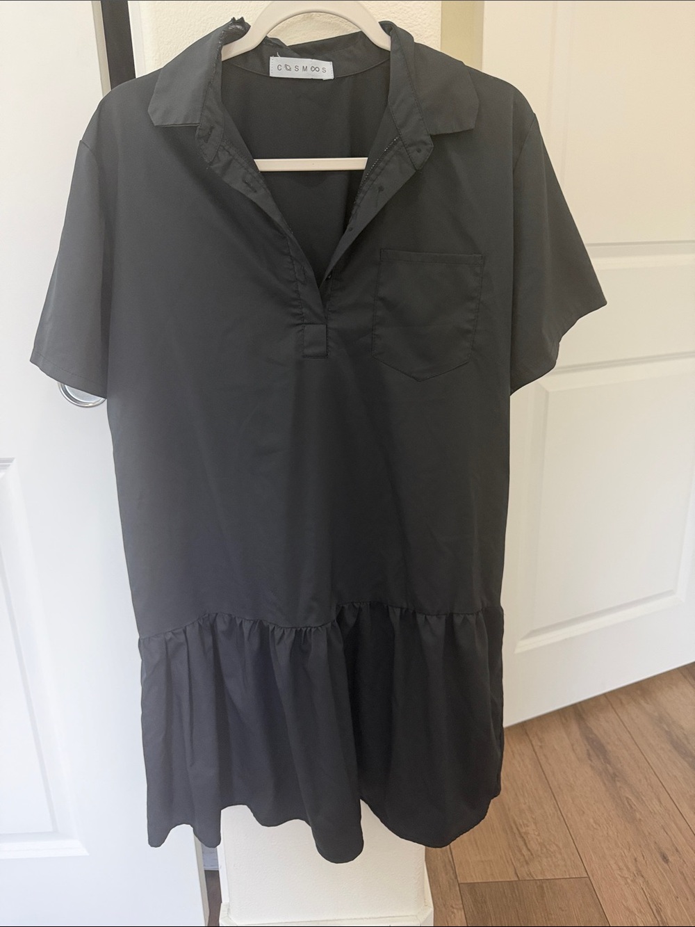 Cosmoos Black Short-Sleeve Ruffle Hem Dress